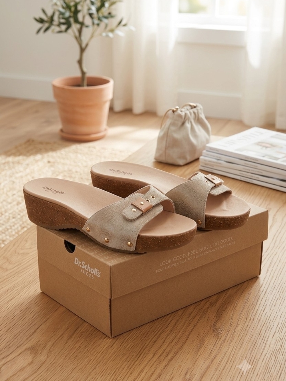 Dr. Scholl's Beige Suede Cork Wedge Slide Sandals